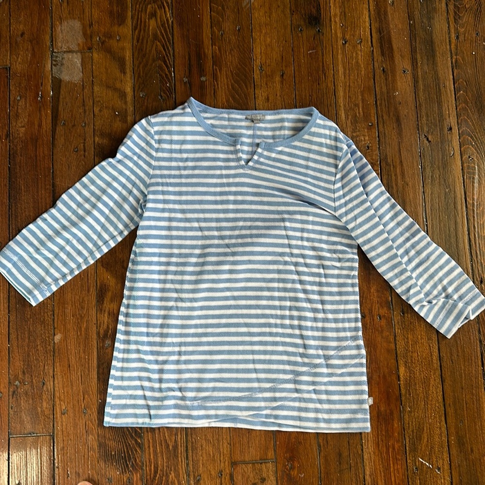 T by Talbots Blue and White Striped Knit 3/4 Sleeve V-Neck Top